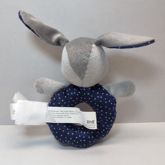 Ikea Gulligast Rabbit Bunny Baby Rattle Gray Blue Polka Dot Ring - Picture 2 of 7